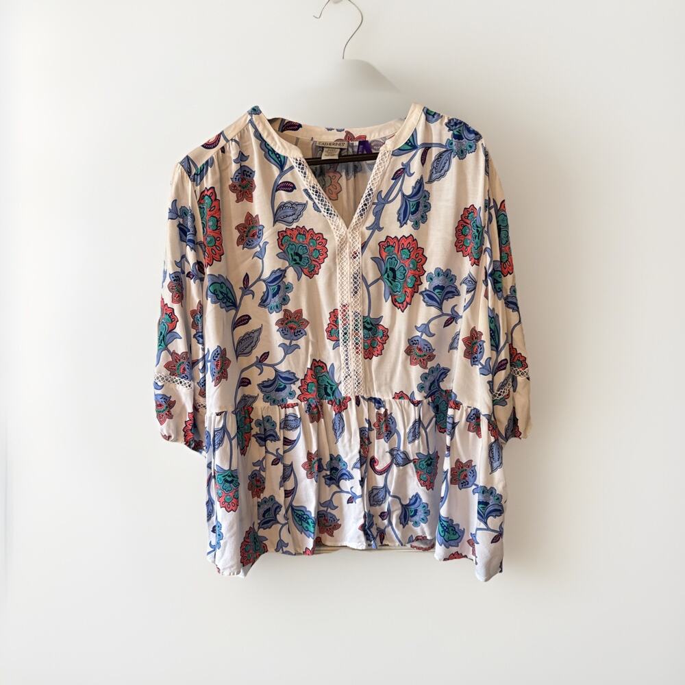 Catherines 3XWP Blouse White Blue Floral Tiered Front 3/4 Sleeve Top